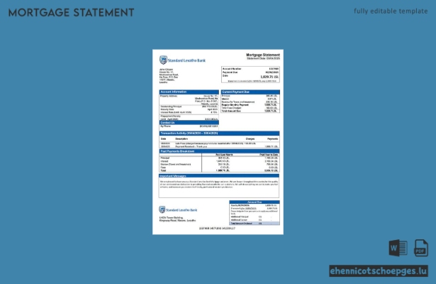 Lesotho Standard Lesotho Bank Hypothekenabrechnung Word- und PDF-Beispielvorschau